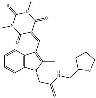 2-{3-[(1,3-dimethyl-4,6-dioxo-2-thioxotetrahydro-5(2H)-pyrimidinylidene)methyl]-2-methyl-1H-indol-1-yl}-N-(tetrahydro-2-furanylmethyl)acetamide 구조식 이미지