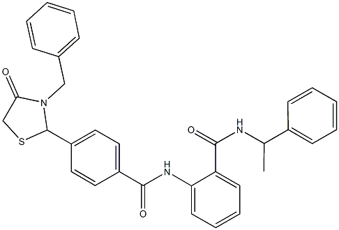 2-{[4-(3-benzyl-4-oxo-1,3-thiazolidin-2-yl)benzoyl]amino}-N-(1-phenylethyl)benzamide 구조식 이미지