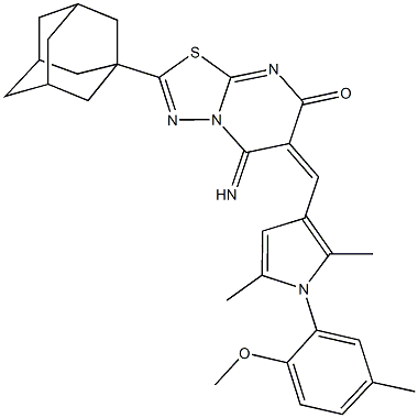 2-(1-adamantyl)-5-imino-6-{[1-(2-methoxy-5-methylphenyl)-2,5-dimethyl-1H-pyrrol-3-yl]methylene}-5,6-dihydro-7H-[1,3,4]thiadiazolo[3,2-a]pyrimidin-7-one Structure