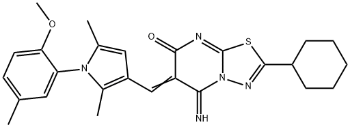 2-cyclohexyl-5-imino-6-{[1-(2-methoxy-5-methylphenyl)-2,5-dimethyl-1H-pyrrol-3-yl]methylene}-5,6-dihydro-7H-[1,3,4]thiadiazolo[3,2-a]pyrimidin-7-one Structure