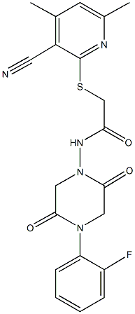 2-[(3-cyano-4,6-dimethyl-2-pyridinyl)sulfanyl]-N-[4-(2-fluorophenyl)-2,5-dioxo-1-piperazinyl]acetamide Structure