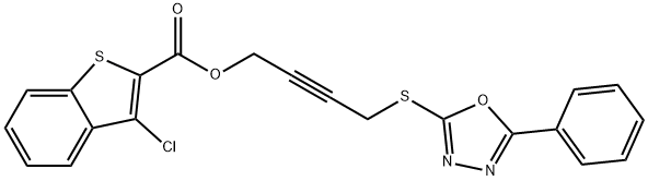 4-[(5-phenyl-1,3,4-oxadiazol-2-yl)sulfanyl]but-2-ynyl 3-chloro-1-benzothiophene-2-carboxylate 구조식 이미지