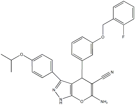 6-amino-4-{3-[(2-fluorobenzyl)oxy]phenyl}-3-(4-isopropoxyphenyl)-1,4-dihydropyrano[2,3-c]pyrazole-5-carbonitrile 구조식 이미지