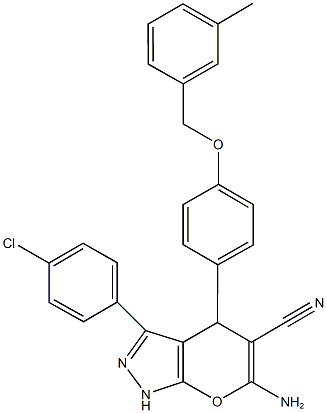 6-amino-3-(4-chlorophenyl)-4-{4-[(3-methylbenzyl)oxy]phenyl}-1,4-dihydropyrano[2,3-c]pyrazole-5-carbonitrile 구조식 이미지