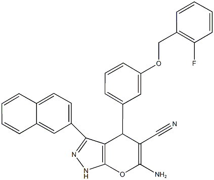 6-amino-4-{3-[(2-fluorobenzyl)oxy]phenyl}-3-(2-naphthyl)-1,4-dihydropyrano[2,3-c]pyrazole-5-carbonitrile Structure