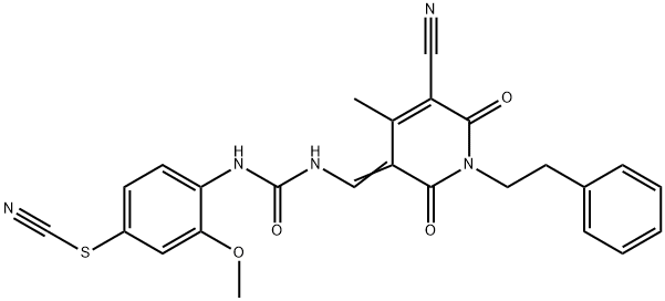 4-[({[(5-cyano-4-methyl-2,6-dioxo-1-(2-phenylethyl)-1,6-dihydro-3(2H)-pyridinylidene)methyl]amino}carbonyl)amino]-3-methoxyphenyl thiocyanate Structure