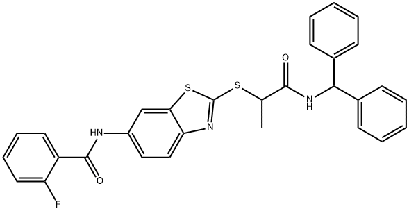 N-(2-{[2-(benzhydrylamino)-1-methyl-2-oxoethyl]sulfanyl}-1,3-benzothiazol-6-yl)-2-fluorobenzamide 구조식 이미지