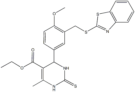 ethyl 4-{3-[(1,3-benzothiazol-2-ylsulfanyl)methyl]-4-methoxyphenyl}-6-methyl-2-thioxo-1,2,3,4-tetrahydro-5-pyrimidinecarboxylate 구조식 이미지