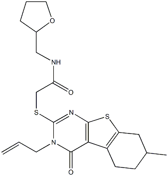2-[(3-allyl-7-methyl-4-oxo-3,4,5,6,7,8-hexahydro[1]benzothieno[2,3-d]pyrimidin-2-yl)sulfanyl]-N-(tetrahydro-2-furanylmethyl)acetamide Structure