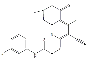 2-[(3-cyano-4-ethyl-7,7-dimethyl-5-oxo-5,6,7,8-tetrahydro-2-quinolinyl)sulfanyl]-N-(3-methoxyphenyl)acetamide Structure