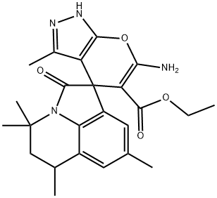 ethyl 6-amino-3,4',4',6',8'-pentamethyl-1,4,5',6'-tetrahydro-2'(1'H)-oxospiro(pyrano[2,3-c]pyrazole-4,1'[4'H]-pyrrolo[3,2,1-ij]quinoline)-5-carboxylate 구조식 이미지