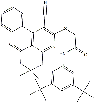 2-[(3-cyano-7,7-dimethyl-5-oxo-4-phenyl-5,6,7,8-tetrahydro-2-quinolinyl)sulfanyl]-N-(3,5-ditert-butylphenyl)acetamide Structure