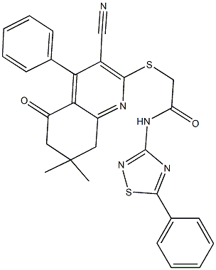 2-[(3-cyano-7,7-dimethyl-5-oxo-4-phenyl-5,6,7,8-tetrahydro-2-quinolinyl)sulfanyl]-N-(5-phenyl-1,2,4-thiadiazol-3-yl)acetamide Structure