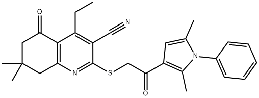 2-{[2-(2,5-dimethyl-1-phenyl-1H-pyrrol-3-yl)-2-oxoethyl]sulfanyl}-4-ethyl-7,7-dimethyl-5-oxo-5,6,7,8-tetrahydro-3-quinolinecarbonitrile 구조식 이미지