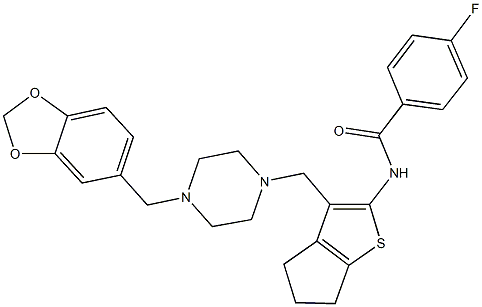 N-(3-{[4-(1,3-benzodioxol-5-ylmethyl)-1-piperazinyl]methyl}-5,6-dihydro-4H-cyclopenta[b]thien-2-yl)-4-fluorobenzamide 구조식 이미지