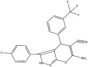 6-amino-3-(4-fluorophenyl)-4-[3-(trifluoromethyl)phenyl]-2,4-dihydropyrano[2,3-c]pyrazole-5-carbonitrile Structure