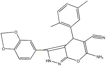 6-amino-3-(1,3-benzodioxol-5-yl)-4-(2,5-dimethylphenyl)-2,4-dihydropyrano[2,3-c]pyrazole-5-carbonitrile 구조식 이미지