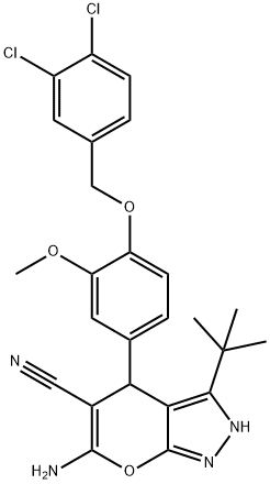 6-amino-3-tert-butyl-4-{4-[(3,4-dichlorobenzyl)oxy]-3-methoxyphenyl}-2,4-dihydropyrano[2,3-c]pyrazole-5-carbonitrile Structure