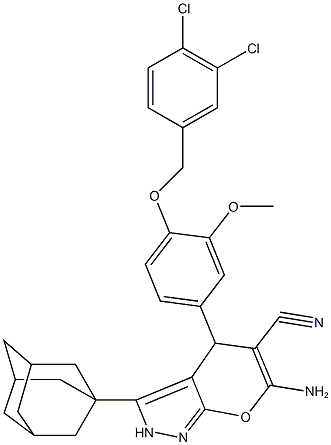 3-(1-adamantyl)-6-amino-4-{4-[(3,4-dichlorobenzyl)oxy]-3-methoxyphenyl}-2,4-dihydropyrano[2,3-c]pyrazole-5-carbonitrile 구조식 이미지