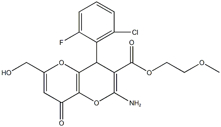 2-methoxyethyl 2-amino-4-(2-chloro-6-fluorophenyl)-6-(hydroxymethyl)-8-oxo-4,8-dihydropyrano[3,2-b]pyran-3-carboxylate 구조식 이미지