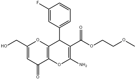 2-methoxyethyl 2-amino-4-(3-fluorophenyl)-6-(hydroxymethyl)-8-oxo-4,8-dihydropyrano[3,2-b]pyran-3-carboxylate 구조식 이미지