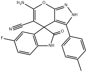 6'-amino-5'-cyano-6-fluoro-3'-(4-methylphenyl)-1,2',3,4'-tetrahydrospiro(2H-indole-3,4'-pyrano[2,3-c]pyrazole)-2-one 구조식 이미지