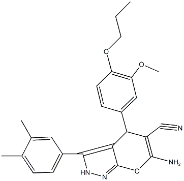 6-amino-3-(3,4-dimethylphenyl)-4-(3-methoxy-4-propoxyphenyl)-2,4-dihydropyrano[2,3-c]pyrazole-5-carbonitrile 구조식 이미지