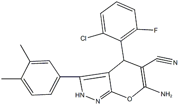 6-amino-4-(2-chloro-6-fluorophenyl)-3-(3,4-dimethylphenyl)-2,4-dihydropyrano[2,3-c]pyrazole-5-carbonitrile 구조식 이미지