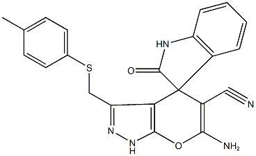 6'-amino-3'-{[(4-methylphenyl)sulfanyl]methyl}-1,1',3,4'-tetrahydro-2-oxospiro(2H-indole-3,4'-pyrano[2,3-c]pyrazole)-5'-carbonitrile Structure