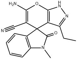 6'-amino-3'-ethyl-1-methyl-1,2',3,4'-tetrahydro-2-oxospiro(2H-indole-3,4'-pyrano[2,3-c]pyrazole)-5'-carbonitrile Structure