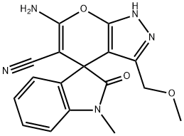 6'-amino-1-methyl-3'-(methoxymethyl)-1,2',3,4'-tetrahydro-2-oxospiro(2H-indole-3,4'-pyrano[2,3-c]pyrazole)-5'-carbonitrile Structure