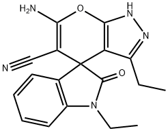 6'-amino-1,3'-diethyl-1,2',3,4'-tetrahydro-2-oxospiro(2H-indole-3,4'-pyrano[2,3-c]pyrazole)-5'-carbonitrile 구조식 이미지