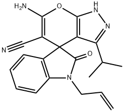 1-allyl-6'-amino-3'-isopropyl-1,2',3,4'-tetrahydro-2-oxospiro(2H-indole-3,4'-pyrano[2,3-c]pyrazole)-5'-carbonitrile Structure