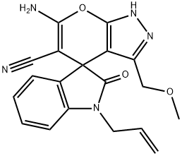 1-allyl-6'-amino-3'-(methoxymethyl)-1,2',3,4'-tetrahydro-2-oxospiro(2H-indole-3,4'-pyrano[2,3-c]pyrazole)-5'-carbonitrile 구조식 이미지