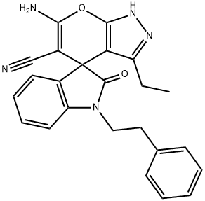 6'-amino-1-(2-phenylethyl)-3'-ethyl-1,2',3,4'-tetrahydro-2-oxospiro(2H-indole-3,4'-pyrano[2,3-c]pyrazole)-5'-carbonitrile 구조식 이미지