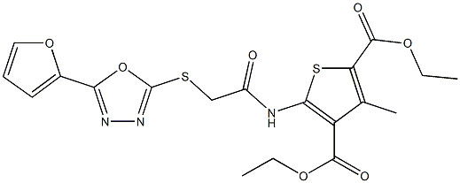 diethyl5-[({[5-(2-furyl)-1,3,4-oxadiazol-2-yl]thio}acetyl)amino]-3-methyl-2,4-thiophenedicarboxylate 구조식 이미지