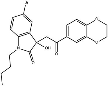 5-bromo-1-butyl-3-[2-(2,3-dihydro-1,4-benzodioxin-6-yl)-2-oxoethyl]-3-hydroxy-1,3-dihydro-2H-indol-2-one 구조식 이미지