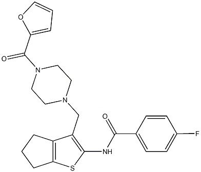 4-fluoro-N-(3-{[4-(2-furoyl)-1-piperazinyl]methyl}-5,6-dihydro-4H-cyclopenta[b]thien-2-yl)benzamide 구조식 이미지