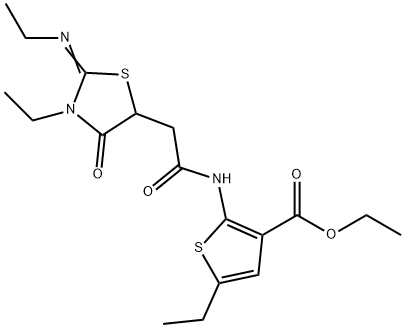 ethyl 5-ethyl-2-({[3-ethyl-2-(ethylimino)-4-oxo-1,3-thiazolidin-5-yl]acetyl}amino)-3-thiophenecarboxylate Structure