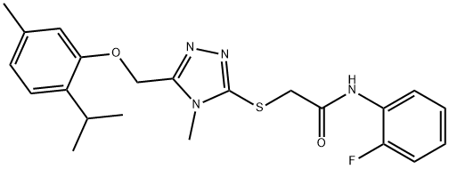N-(2-fluorophenyl)-2-({5-[(2-isopropyl-5-methylphenoxy)methyl]-4-methyl-4H-1,2,4-triazol-3-yl}sulfanyl)acetamide 구조식 이미지
