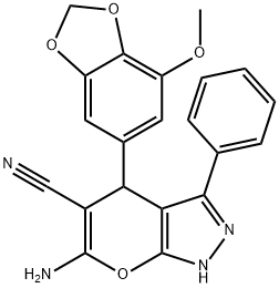 6-amino-4-(7-methoxy-1,3-benzodioxol-5-yl)-3-phenyl-2,4-dihydropyrano[2,3-c]pyrazole-5-carbonitrile 구조식 이미지