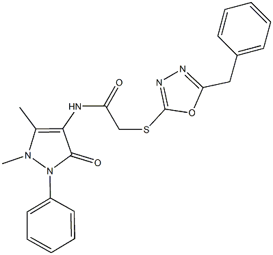 2-[(5-benzyl-1,3,4-oxadiazol-2-yl)sulfanyl]-N-(1,5-dimethyl-3-oxo-2-phenyl-2,3-dihydro-1H-pyrazol-4-yl)acetamide 구조식 이미지