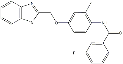 N-[4-(1,3-benzothiazol-2-ylmethoxy)-2-methylphenyl]-3-fluorobenzamide 구조식 이미지