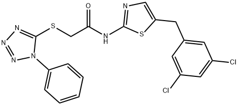 N-[5-(3,5-dichlorobenzyl)-1,3-thiazol-2-yl]-2-[(1-phenyl-1H-tetraazol-5-yl)sulfanyl]acetamide 구조식 이미지