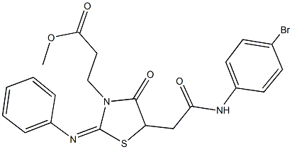 methyl3-[5-[2-(4-bromoanilino)-2-oxoethyl]-4-oxo-2-(phenylimino)-1,3-thiazolidin-3-yl]propanoate 구조식 이미지