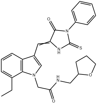 2-{7-ethyl-3-[(5-oxo-1-phenyl-2-thioxo-4-imidazolidinylidene)methyl]-1H-indol-1-yl}-N-(tetrahydro-2-furanylmethyl)acetamide 구조식 이미지