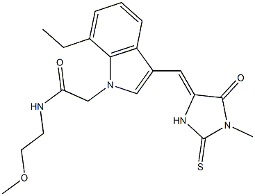 2-{7-ethyl-3-[(1-methyl-5-oxo-2-thioxo-4-imidazolidinylidene)methyl]-1H-indol-1-yl}-N-(2-methoxyethyl)acetamide 구조식 이미지