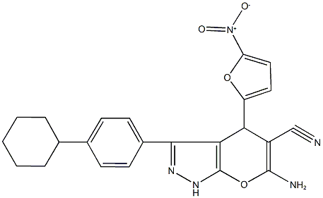 6-amino-3-(4-cyclohexylphenyl)-4-{5-nitro-2-furyl}-1,4-dihydropyrano[2,3-c]pyrazole-5-carbonitrile 구조식 이미지