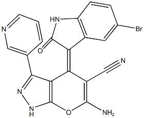 6-amino-4-(5-bromo-2-oxo-1,2-dihydro-3H-indol-3-ylidene)-3-(3-pyridinyl)-1,4-dihydropyrano[2,3-c]pyrazole-5-carbonitrile Structure