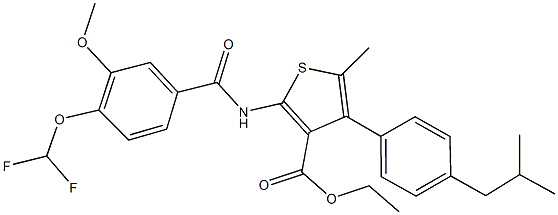 ethyl 2-{[4-(difluoromethoxy)-3-methoxybenzoyl]amino}-4-(4-isobutylphenyl)-5-methyl-3-thiophenecarboxylate 구조식 이미지